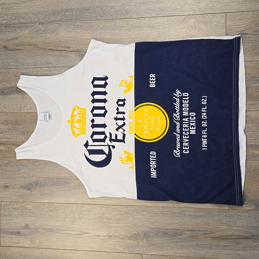 Corona Extra white, blue, & yellow cerveza beer tank top, size XL